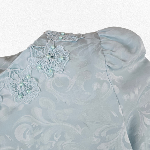 80s Vintage Light Blue Satin Floral Jacquard Lace Tunic Blouse Skirt Set Size 8 - Picture 6 of 14